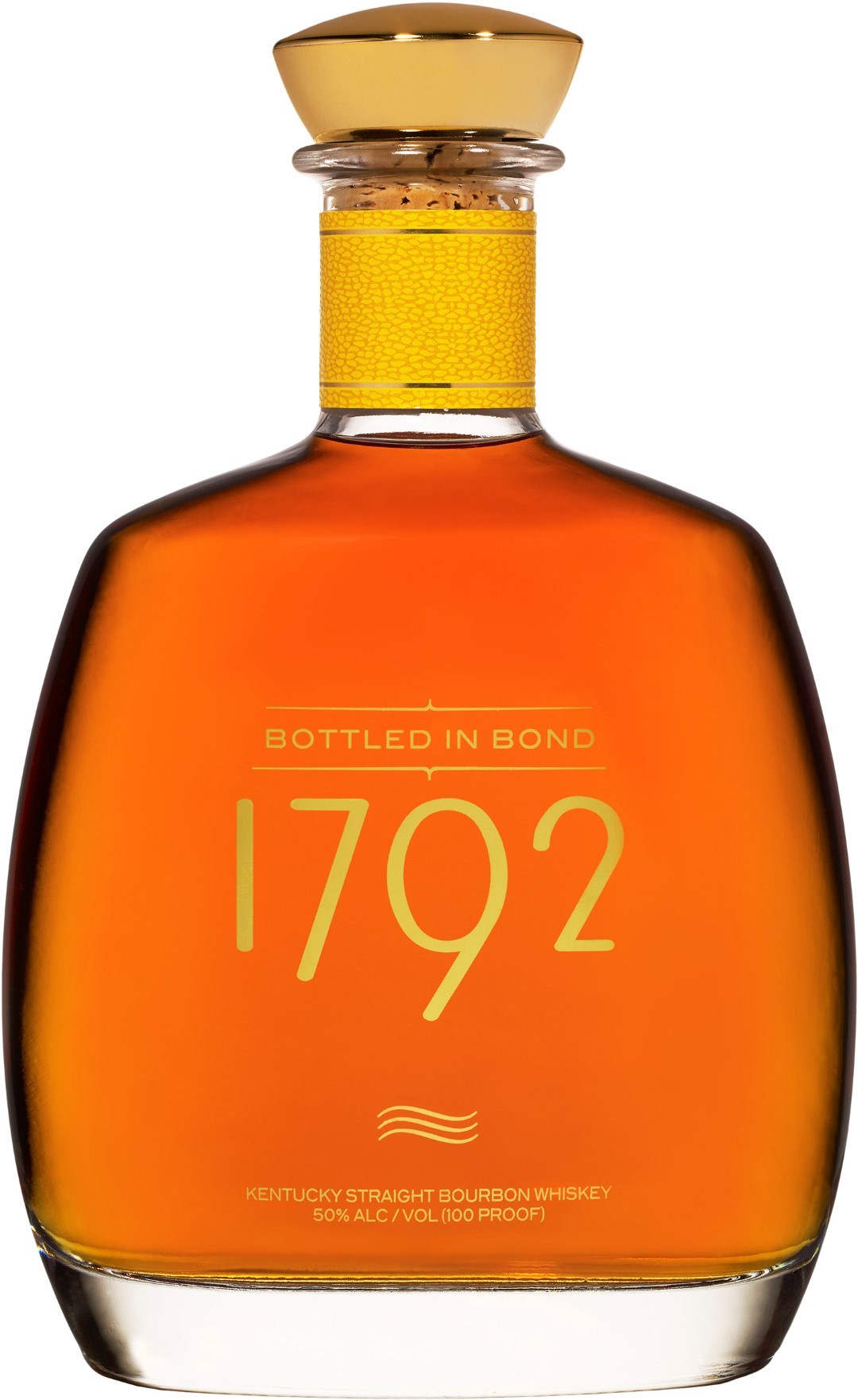 Bottle of 1792 bourbon whiskey with a gold cap on a white background