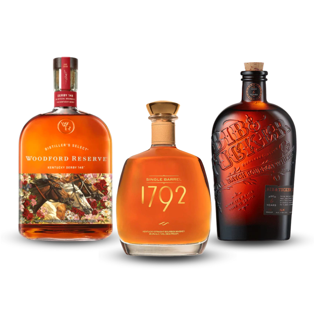 Buy 1 Get 1 Free - Father's Day Bundle 2025 | Woodford Reserve 2022 Kentucky Derby 148 Bottle Kentucky Straight Bourbon Whiskey + 1792 Single Barrel Kentucky Straight Bourbon Whiskey + Bib & Tucker 6 Year Bourbon Whiskey