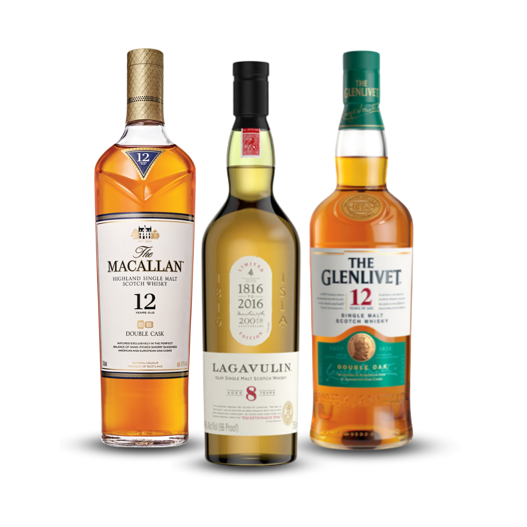 Father's Day Bundle 2025 | The Macallan Double Cask 12 Years Old + Lagavulin 8 Year Old + The Glenlivet 12 Year Old Single Malt Scotch Whisky