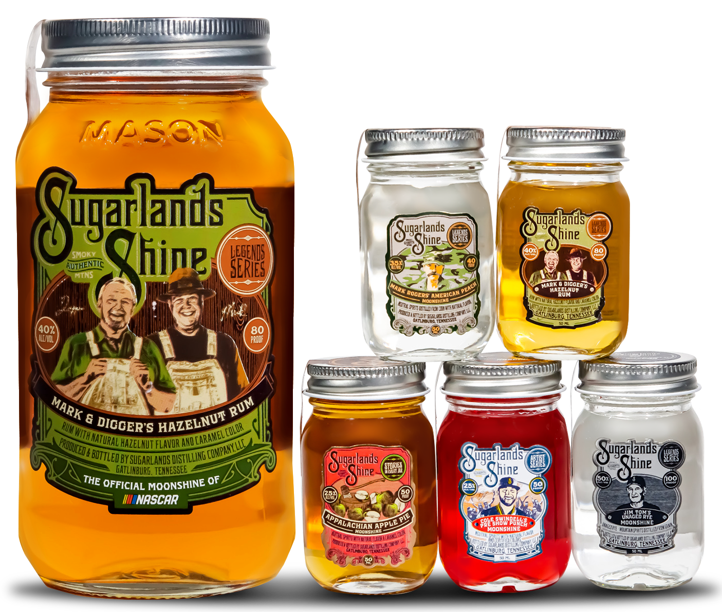 Sugarlands Shine Mini Jar Gift Sampling Set (5) with Mark & Diggers Hazelnut Rum 750ml